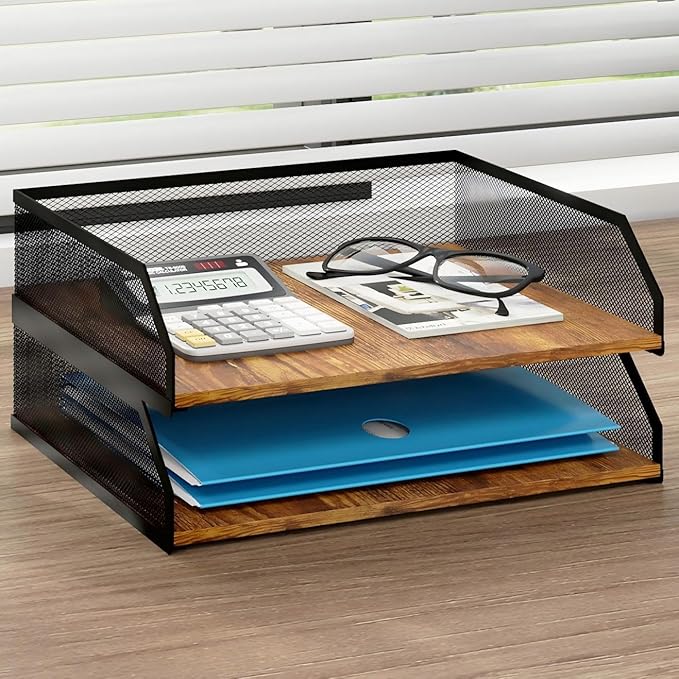 Natwind 2-Tier Stackable Paper Tray, Metal Mesh Desktop Organizer, Paper Sorter, Letter Trays,File Document Storage Rack for for Home, Office, School (Retro)