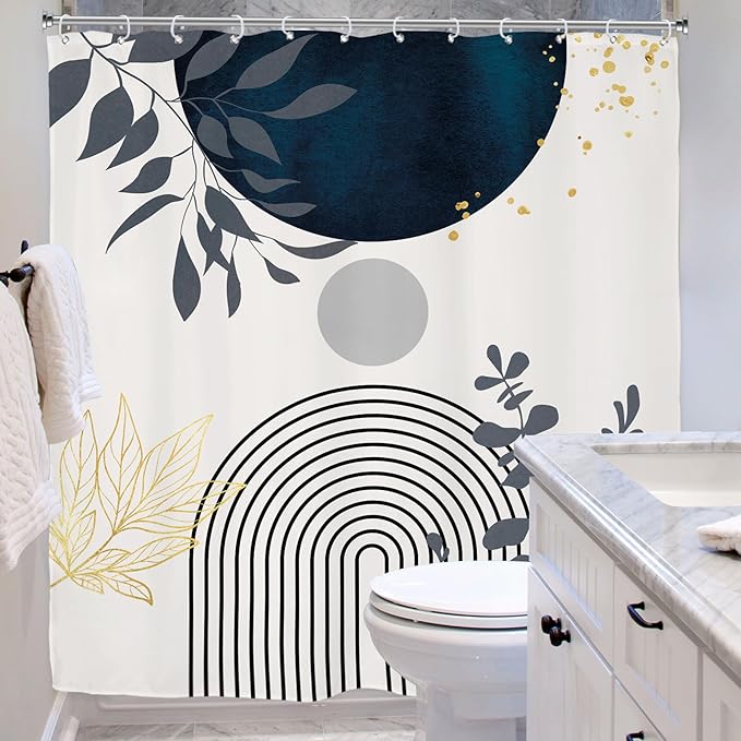 Riyidecor Extra Wide Boho Navy Blue Shower Curtain for Bathroom Decor 72Wx78H Gold Eucalyptus Plants Abstract Boho Modern Mid Century Art Printed Fabric Polyester Waterproof 12 Pack Plastic Hooks