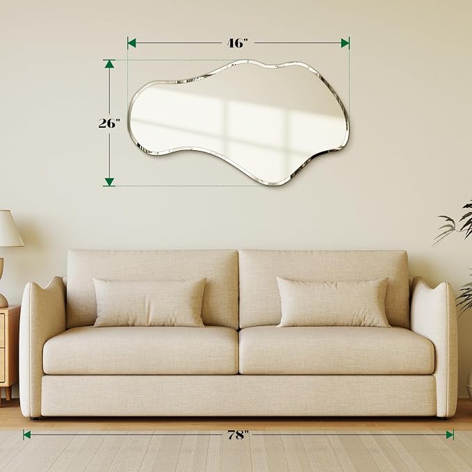 Irregular Wall Mirror, 26”x46” Asymmetrical Wall Mirror, Frameless Asymmetrical Mirrors for Bathroom Entry Way Bedroom Living Room