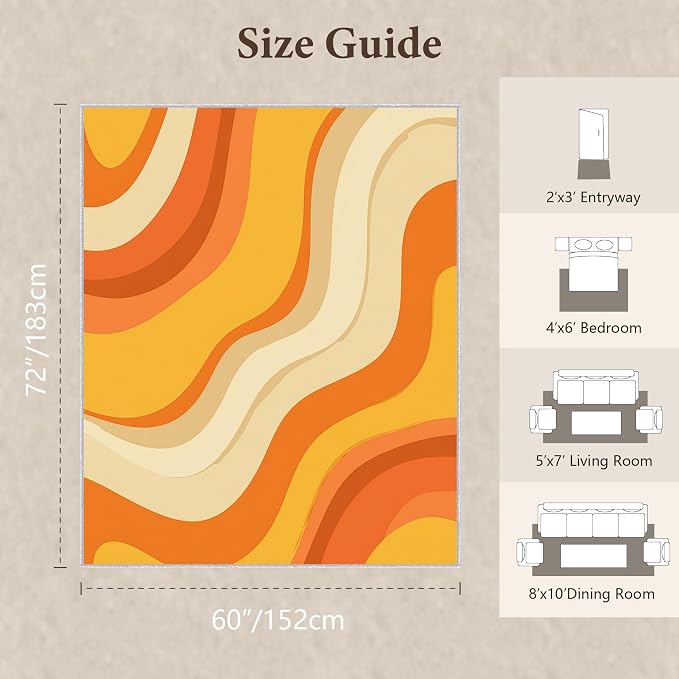 Sunset Flow Area Rug 5x6, Modern Abstract Wave Rug, Retro Orange Neutral Carpet for Living Room Bedroom, Soft Non Slip Washable Rug