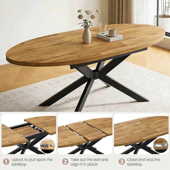 63"-78.7" Extendable Round Dining Table Set for 4, 5 Piece Mid Century Modern Oval Kitchen Table Set, Large Dining Table with 4 Dining Chairs for Living Room Space Saving（Walnut Table+4 Grey Chairs)