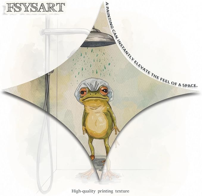 Framed Funny Frog Canvas Wall Art, Cute Frog Showering in Bathroom Canvas Prints, Whimsical Watercolor Cartoon Painting, Modern Minimalist Wall Decor for Bathroom Toilet Washroom 12x16in