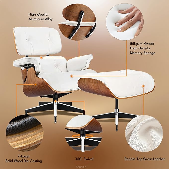 Top Grain Leather, Mid Century Chaise Lounge Chair and Ottoman, Modern Chair Classic Design, Heavy Duty Base Support for Living Room Study Lounge Office, Walnut-White, Heightening