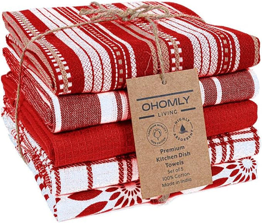 Assorted Kitchen Towels Set of 5-100% Cotton Dish Cloths Towels with Hanging Loop - Soft, Absorbent & Washable for Kitchen Use - Quick Drying Dish Towels 16x26 Inch Red
