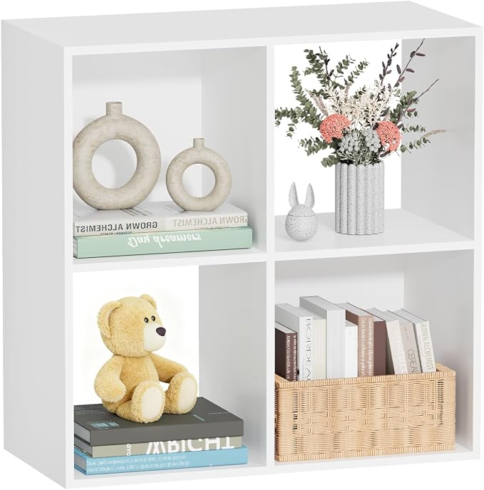 4 Cube Storage Organizer, Book Shelf Storage Shelves Bookcase with Open Back, Display Standing Shelf Freestanding Book Case for Bedroom, Living Room and Home Office (White, 4-Cube)