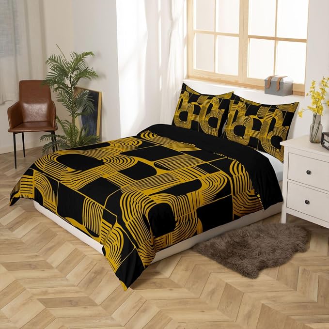Boho Ethnic Queen Comforter Cover For Teens Geometric Stripes Duvet Cover Black Yellow Bohemian Striped Bedding Set For Kids Boys Adult Women Modern Simple Aesthetics Bed Sets With 2 Pillow Cases