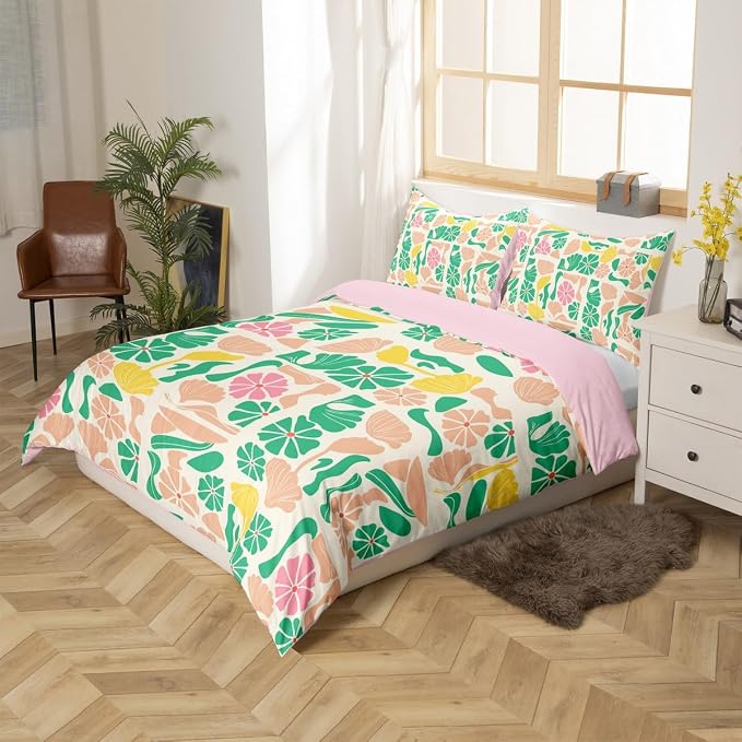 Erosebridal Boho Abstract Colorful Floral Duvet Cover Full Vintage Retro Patchwork Pink Green Bedding Set Flower Botanical Geometric Comforter Cover for Kids Adults,Aesthetic Groovy Bed Set