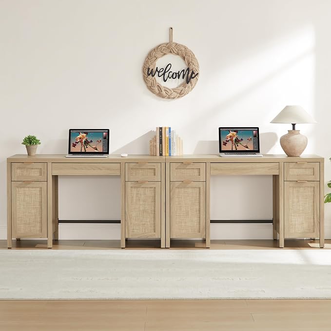 SICOTAS Rattan Executive Desk with Storage - Larger Home Office Desk with Drawers and Cabinets, Boho Computer Table for Study, Office, Living Room, Light Oak (2 Pieces)