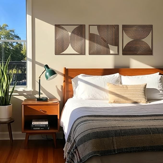 Yerliker 3 Pcs Mid Century Modern Wood Wall Art Decorations 3D Geometric Abstract Wall Sculpture for Living Room Bedroom Office Minimalist Aesthetic(Mid Century,11.8 x 11.8 x 0.2 Inch)