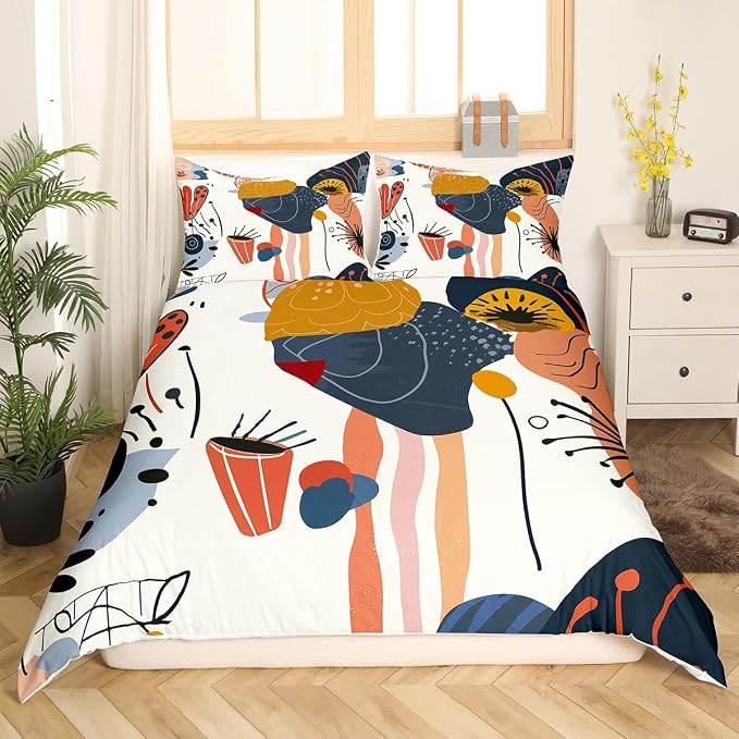 Minimalist Bedding Set Mid Century Minimalism Comforter Cover,Colorful Hand Drawn Duvet Cover Simplistic Geometrical Abstract Sketch King Bed Set,Multicolor Modern Graffiti Ombre Art Room Decor