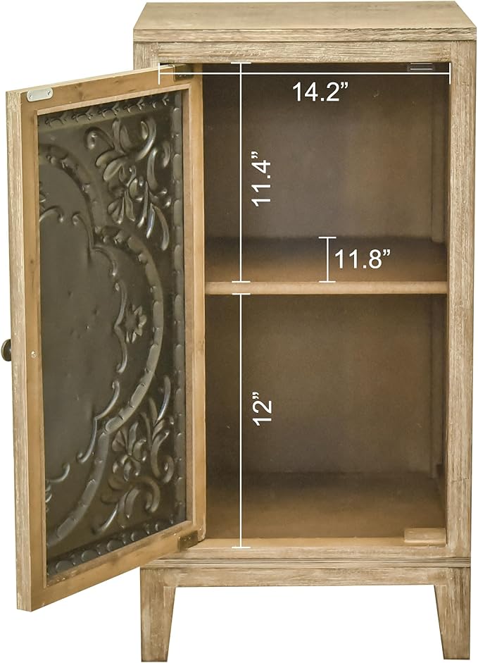 eHemco Vintage Florentine End Table with Floral Door Panel, 16.5 x 14 x 31 Inches, Indoor Storage Cabinet, Natural and Cream Finish
