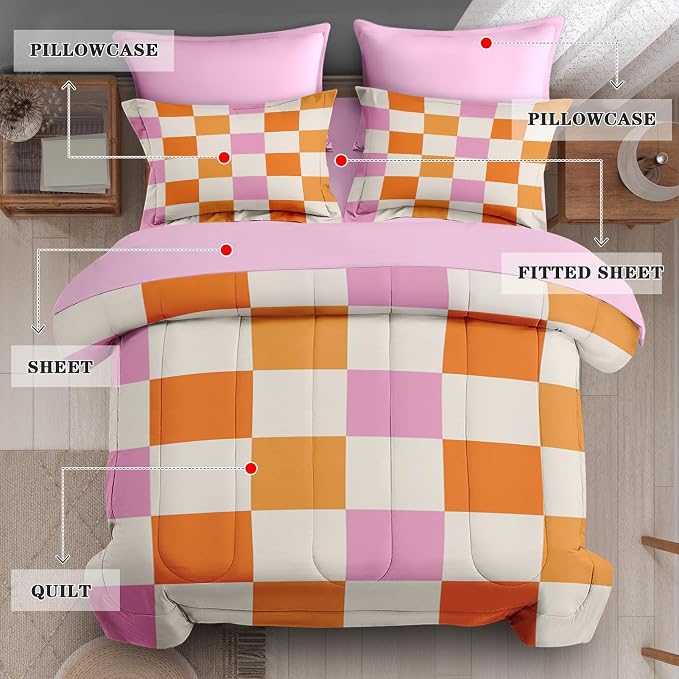 5Pcs Comforter Set Twin Size, Pink Orange Plaid Buffalo Checkered, Bed Decor Hippie Retro 70s Geometric Checkerboard Grid Bedroom Bedding Flat Sheet Fitted Sheet Pillowcases Kids and Adults