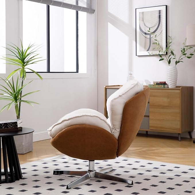 Swivel Accent Chair, Chenille Upholstered Modern Living Room Chair with Backrest 360 Degree Metal Base Armless Reading Chair for Bedroom, Beige