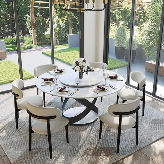 POVISON 59" Modern Dining Table, Glossy White Round Dining Table for 6 Built in Lazy Susan, Sintered Stone Dining Tabletop with Black X Carbon Steel Base (Table Only)