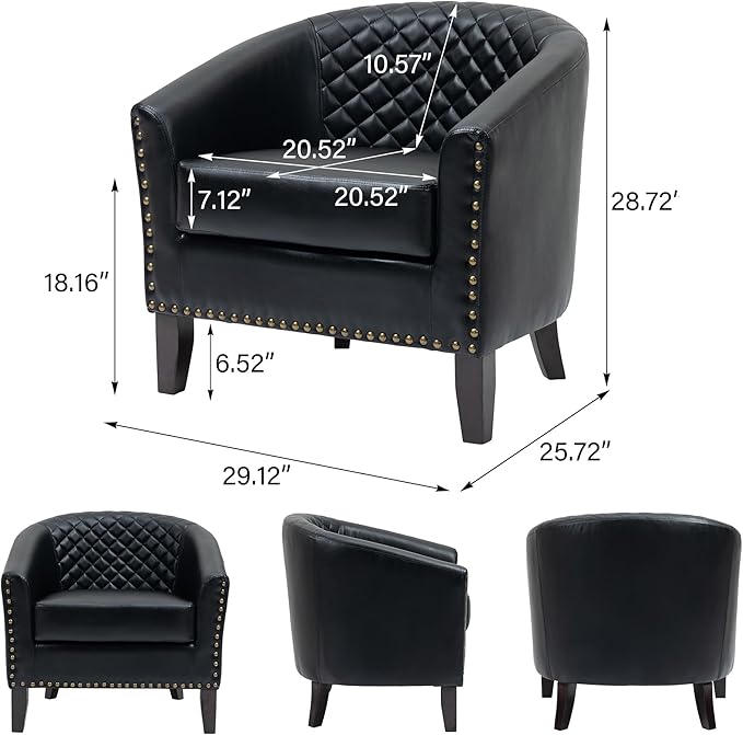 Accent Barrel Chair, Upholstered Faux Leather Club Chair with Nailed Trim, Comfy Reading Armchair for Living Room Bedroom Reception Room Office (Black, Set of 2)