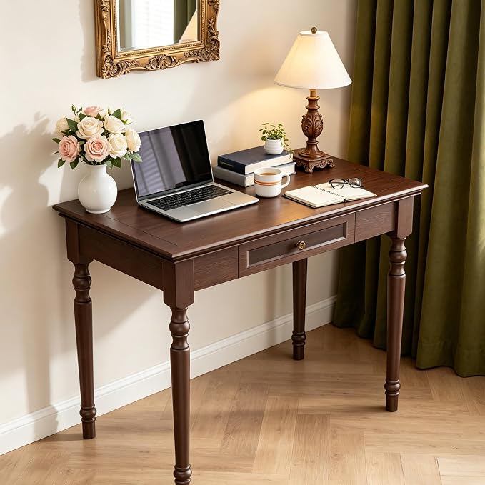 ADORZ Walnut Desk with Drawers, 35 Inch French Country Desk Solid Wood Writing Desk for Home Office, Study Workspace or Bedroom (Walnut, 35 inches)