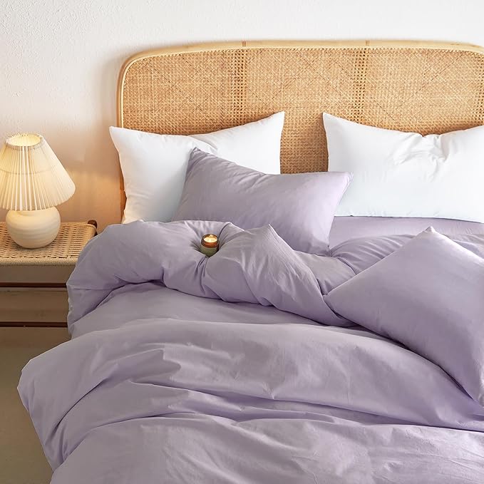 Wake In Cloud - Cotton Duvet Cover Set, 100% Washed Cotton, Linen Like Textured, Breathable Durable Comfy Farmhouse Neutral Bedding Set, 3 Pieces, Light Purple, Full Size