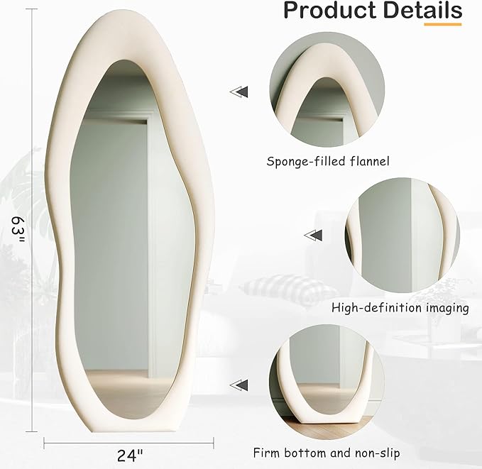 Honyee Full Length Mirror, 63" x 24" Wall Mirror, Flannel Wrapped Wooden Frame Full Body Mirror, Irregular Wavy Mirror Hanging or Leaning Against Wall for Cloakroom/Bedroom/Living Room, Ivory White