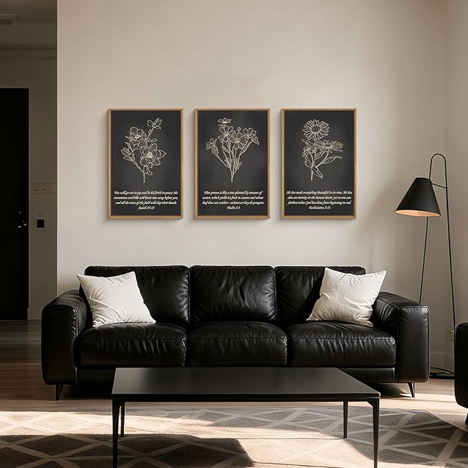FWIEXA Black Christian Bible Verse Canvas Wall Art Set of 3, Minimalist Scripture Wall Decor, Religious Beige Abstract Floral Painting, 24x36In Vintage Artwork for Living Room,Bedroom,Prayer Room