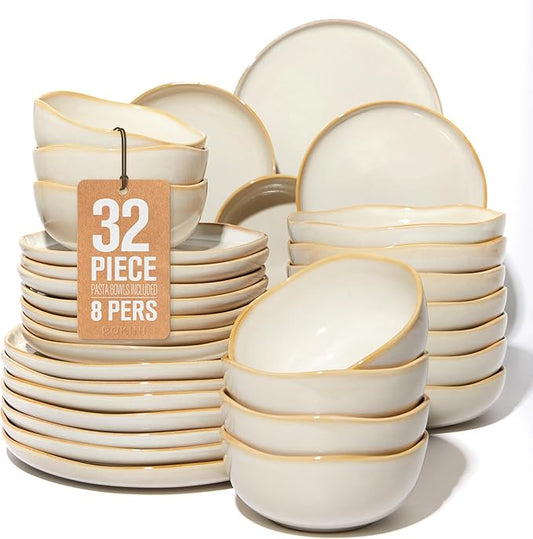 32 Piece Dinnerware Set for 8 with Pasta Bowls, Yellow White Reactive Glaze Stoneware | All‑in‑One Host Set for Entertaining, Holiday Meals, Multi‑Course Dish Set | Unique Irregular Look