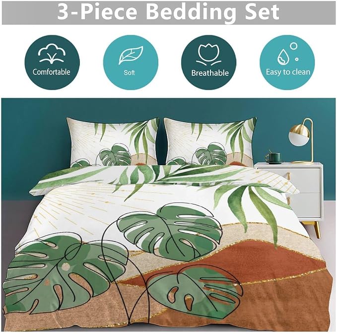 Boho Sunrise Bedding Set,Mid Century Aesthetic Tropical Palm Leaves Abstract Minimalist Comforter Set with Pillowcase for Bedroom Bed Decor，Twin 86"x70"