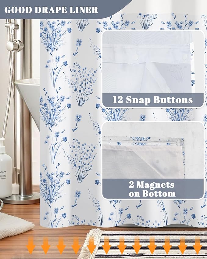 No Hook Bathroom Shower Curtain and Liner Set, Watercolor Blue Floral in White Cloth, Double Layer Waterproof Fabric Bath Tub Curtain with Snap in Liner, See Through Top, 71 x 74 Inch