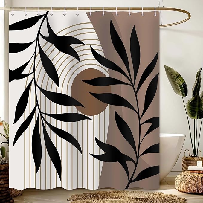 Brown Shower Curtain Boho Mid Century Dark Brown Shower Curtains for Bathroom Decor, Black and Tan Waterproof Cloth Fabric with Hooks, 70" W x 72" L