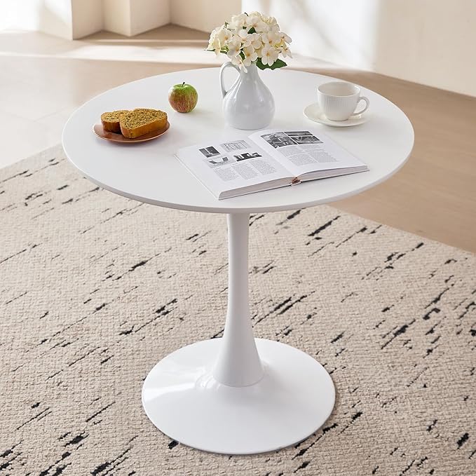 23.6" Round Dining Table for 2-4 Modern Circle Tulip Table with Metal Tulip Pedestal Base for Kitchen Dining Living Room Apartment Small Space Cafe, White