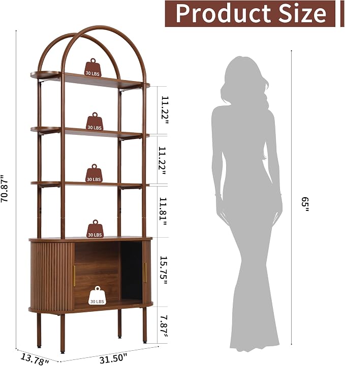 71" Tall Arched Bookshelf with Storage Cabinet, Mid Century Modern Bookcase Cabinet, Curved Frame Bookcase, Industrial Storage Display Shelving for Living Room, Bedroom, Home Office (Walnut Brown)