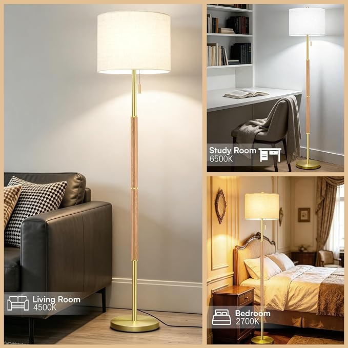 62" Mid Century Modern Floor Lamp, Natural Wood-Tone Standing Lamp with 3 Color Temperature & Pull Chain, Weighted Anti-Tip Base for Safety, Floor Lamps for Living Room Bedroom Corner (6500K Bulb)
