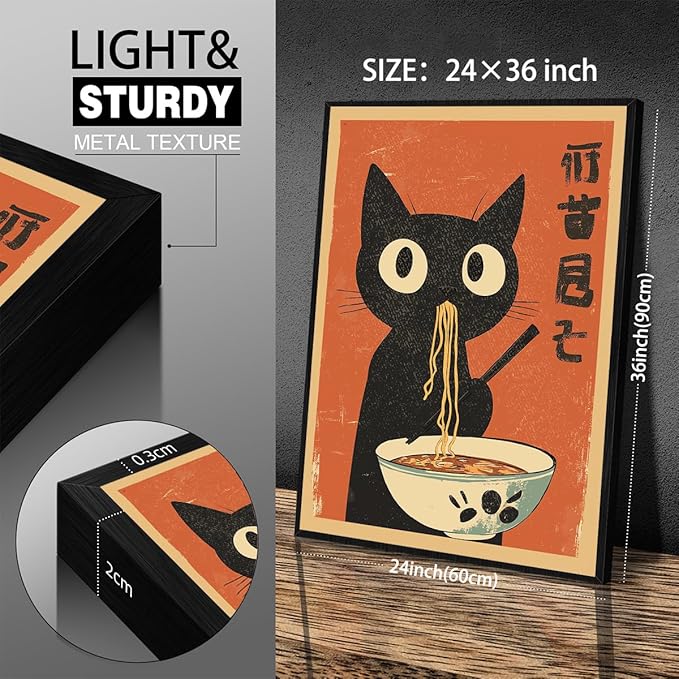 Funny Black Cat Eat Ramen Noodles Poster Vintage Japanese Kitchen Food Wall Art 24X36 inch Black Framed Whimsical Cute Animal Canvas Prints for Restaurant Wall Decor