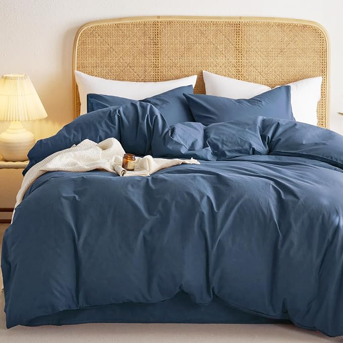 Wake In Cloud - Cotton Duvet Cover Set, 100% Washed Cotton, Linen Like Textured, Breathable Durable Comfy Farmhouse Neutral Bedding Set, 3 Pieces, Navy Blue, Full Size
