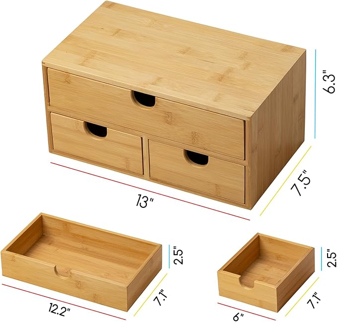 MEEDEN Bamboo Desk Organizer with Drawers: Desktop Storage Drawer Container - Tabletop Storage Organization Box for Office Home Toiletries Supplies