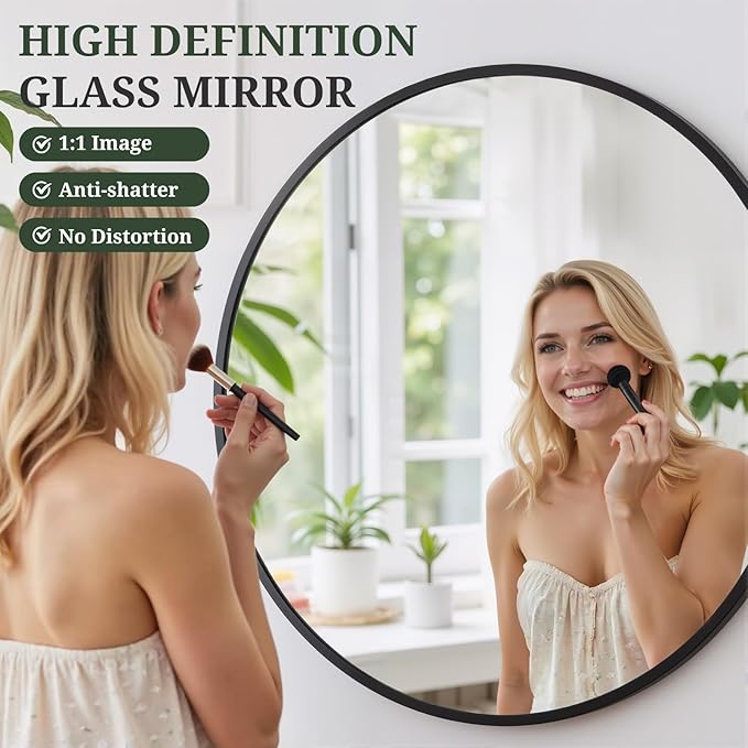 Round Wall Mirror 30 Inch Black Vanity Mirror with Metal Frame, Modern Circle for Bathroom, Entryway, Bedroom, Living Room, Wall Mounted Decorative Mirrors
