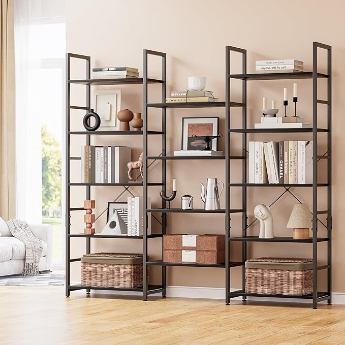 NUMENN Triple 5 Tier Bookshelf, Wide Book Shelf with 14 Open Display Shelves, Modern Tall Bookcase Furniture for Living Room Home Office, Black