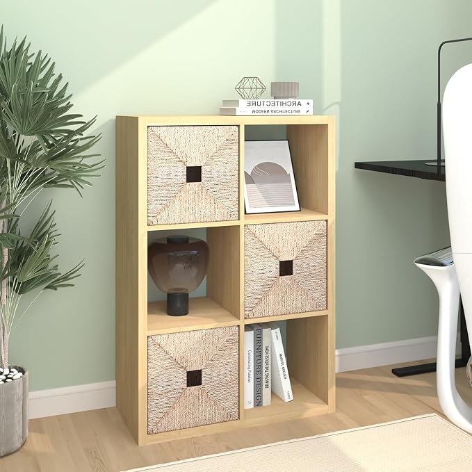 CTESNE【2026 Wooden Thick Frame 6 Cube Storage Organizer Shelf with Anti-Tipping Kits + Reversible Open Back Bookcase, Horizontal and Vertical Dual-use（Oak Color,11inch）