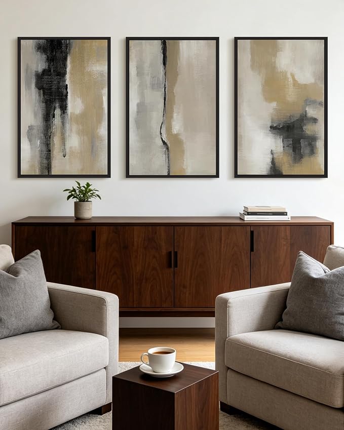 KUVIOKE Black Gray Abstract Framed Wall Art Neutral Wall Decor Minimalist Modern Illustrations Art Print for Living Room Bedroom 16x24in (Black Framed)