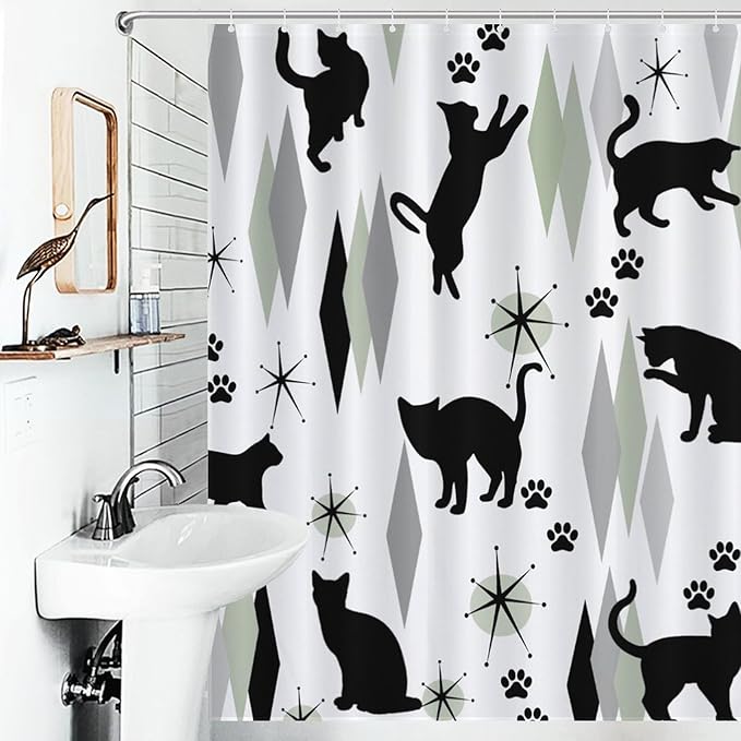 Mid Century Modern Shower Curtain for Bathroom, Rustic Abstract Geometric Black Cat Atomic Green Kittey Retro 1950s 1960s Waterproof Fabric Shower Curtain Set with Hooks, 72"x84"