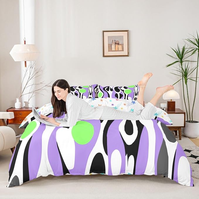 Erosebridal Organic Abstract Duvet Cover Set Modern Contemporary King Bedding Set for Adult Men Boho Mid Century Wavy Lines Comforter Cover Retro Geometric Bed Sets,Purple Green