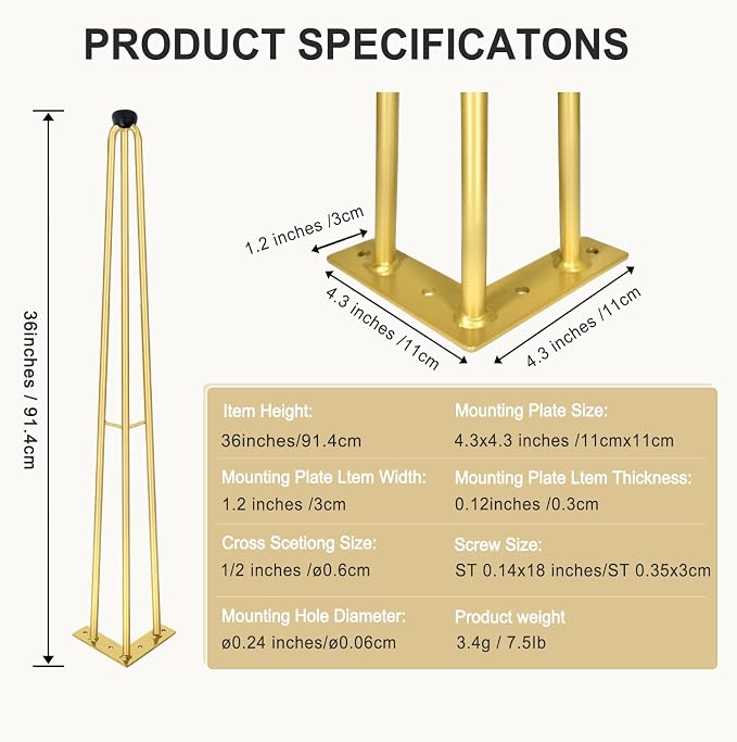 36Inch Hairpin Table Legs Golden Set of 4 Desk Legs,1300lbs Load Capacity ， Rodsfor Coffee Table, Night Stand Desk Bench，Desk, Bench Desk Dining End Table Chairs