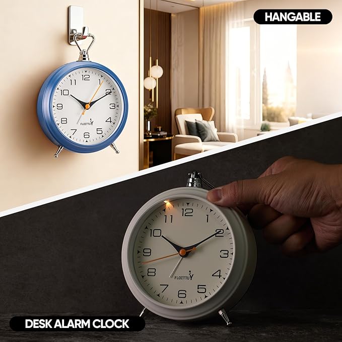 FLOITTUY 4.5" Battery Operated Antique Retro Analog Metal Alarm Clock, Silent Bedside Desk Clock, Wall-Hanging Vintage Clock(Navy Blue)