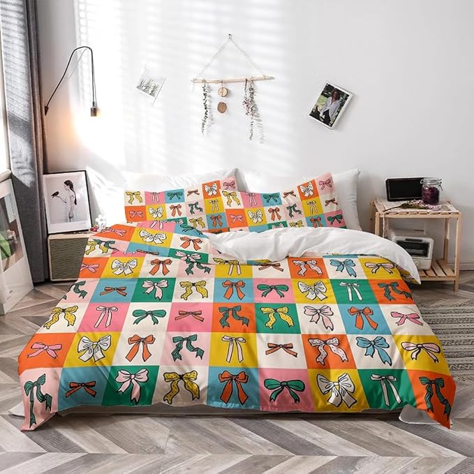 Cute Colorful Bow Bedding Set Queen Size Teal Green Blue Red Bow Comforter Covers Set for Kids Girls Women Trendy Coquette Preppy Room Decor Quilt Bed Cover Girly Bedroom Decor 88"x88"