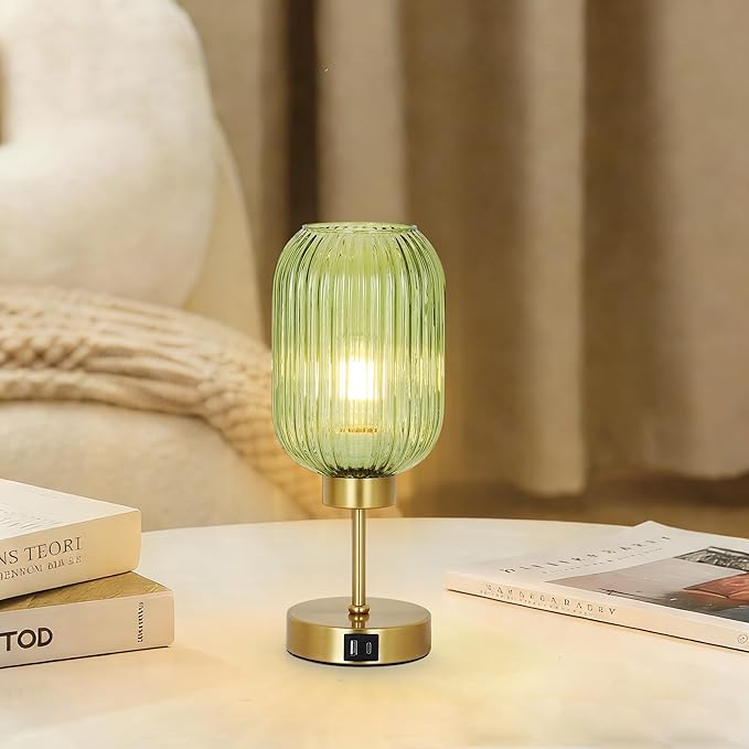 Vintage Table Lamp for Bedroom with Bulb, Small Green Glass Beside Lamp with USB Ports, 3 Way Dimmable Gold Desk Lamp, Mid Century Modern Nightstand Lamp for Living Room, Office, Home Decor