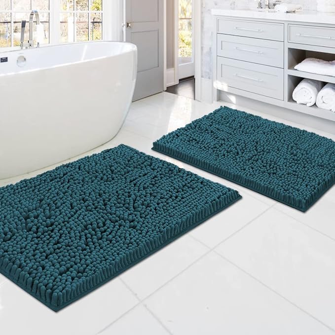 H.VERSAILTEX Bath Mats - Non Slip Luxury Chenille Bathroom Rugs, Extra Soft Absorbent Shaggy, Washable Fast Dry 2 Piece (Dark Teal, 20" x 32"/17" x 24")