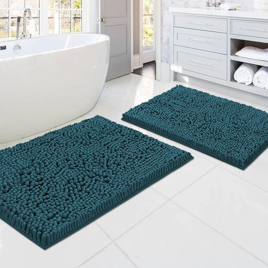 H.VERSAILTEX Bath Mats - Non Slip Luxury Chenille Bathroom Rugs, Extra Soft Absorbent Shaggy, Washable Fast Dry 2 Piece (Dark Teal, 20" x 32"/17" x 24")