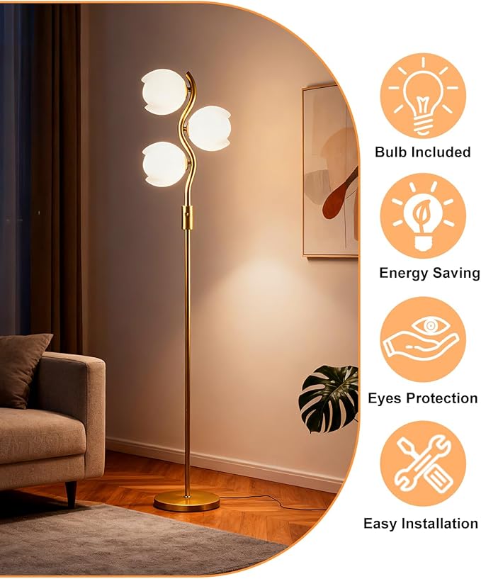 Lightdot 62IN Gold Floor Lamp Stepless Dimmable Bud-Shaped Floor Lamps with 3Pcs 3000K G9 Bulbs Included Eye-Friendly Mid Century Standing Lamps for Living Room/Bedroom/Sofa Beside/Corner Decor