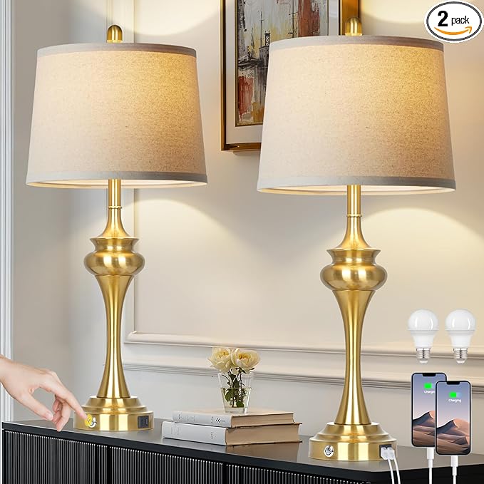 Rinweey 30" Gold Tall Table Lamps for Living Room, Touch Control Modern Bedroom Table Lamp with USB A+C Ports, 3-Way Bedside Lamps Set of 2, Elegant Metal Lamp for Night Stand Desk Side Table Office