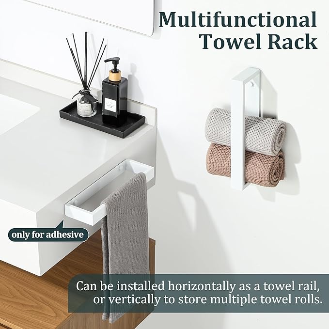 Sayayo White Towel Bar for Bathroom Wall, 8 Inch Hand Towel Holder, Screw or Self Adhesive Towel Ring Square SUS304 Stainless Steel, 3.2 Inch Wider Design