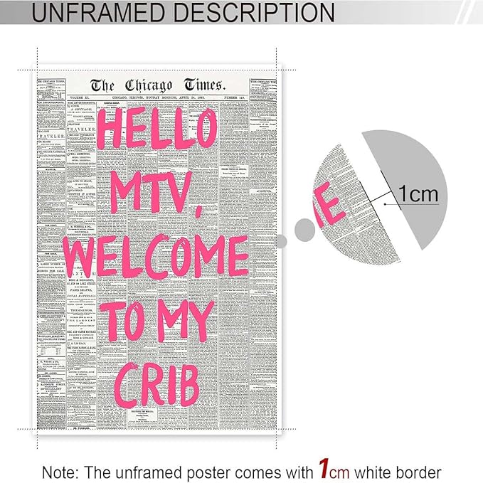 Drimiler Retro Hello Mtv Welcome To My Crib Posters Pink Font Newspaper Canvas Wall Art Positive Affirming 70'S Room Aesthetic Prints Painting For Home Bedroom Dorm Wall Decor 12x16in Unframed