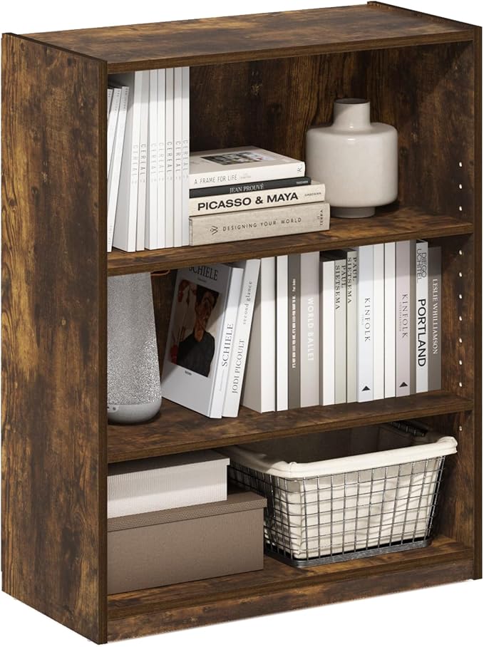 Furinno GEHRY Book Shelf, 3-Tier Small Bookshelf, Bookcase with Adjustable Shelves, 11.6 x 24.8 x 31.6, for Organization and Storage, for Living Room, Bedroom, Home Office, Amber Pine